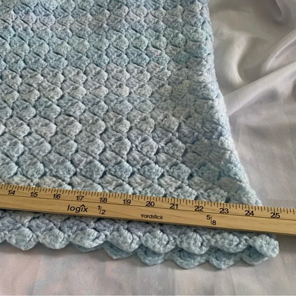 Baby Blanket Crochet Blue Lavender White Soft Blankie 46” x 33” Scalloped Edges - Picture 3 of 9
